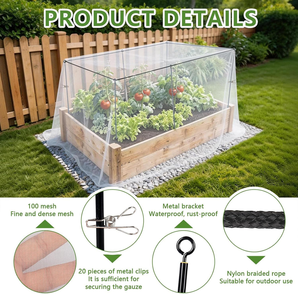 Metal Garden Netting Kit for Raised Beds 10x13FT 100-Mesh Fine Netting with 6 Sets 2.6FT Metal Stakes and Ropes Insect