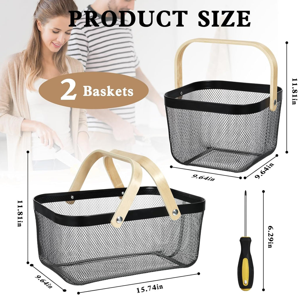 2 Pack Garden Harvest Basket, Metal Mesh Wire Picnic Basket with Handle | for Picnic, Vegetable Gathering, Fruit