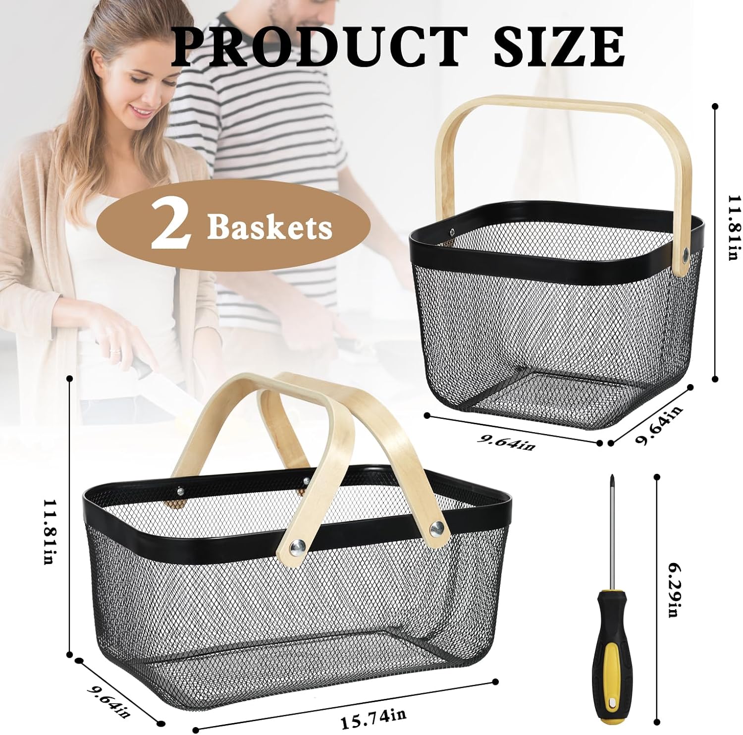 2 Pack Garden Harvest Basket, Metal Mesh Wire Picnic Basket with Handle | for Picnic, Vegetable Gathering, Fruit