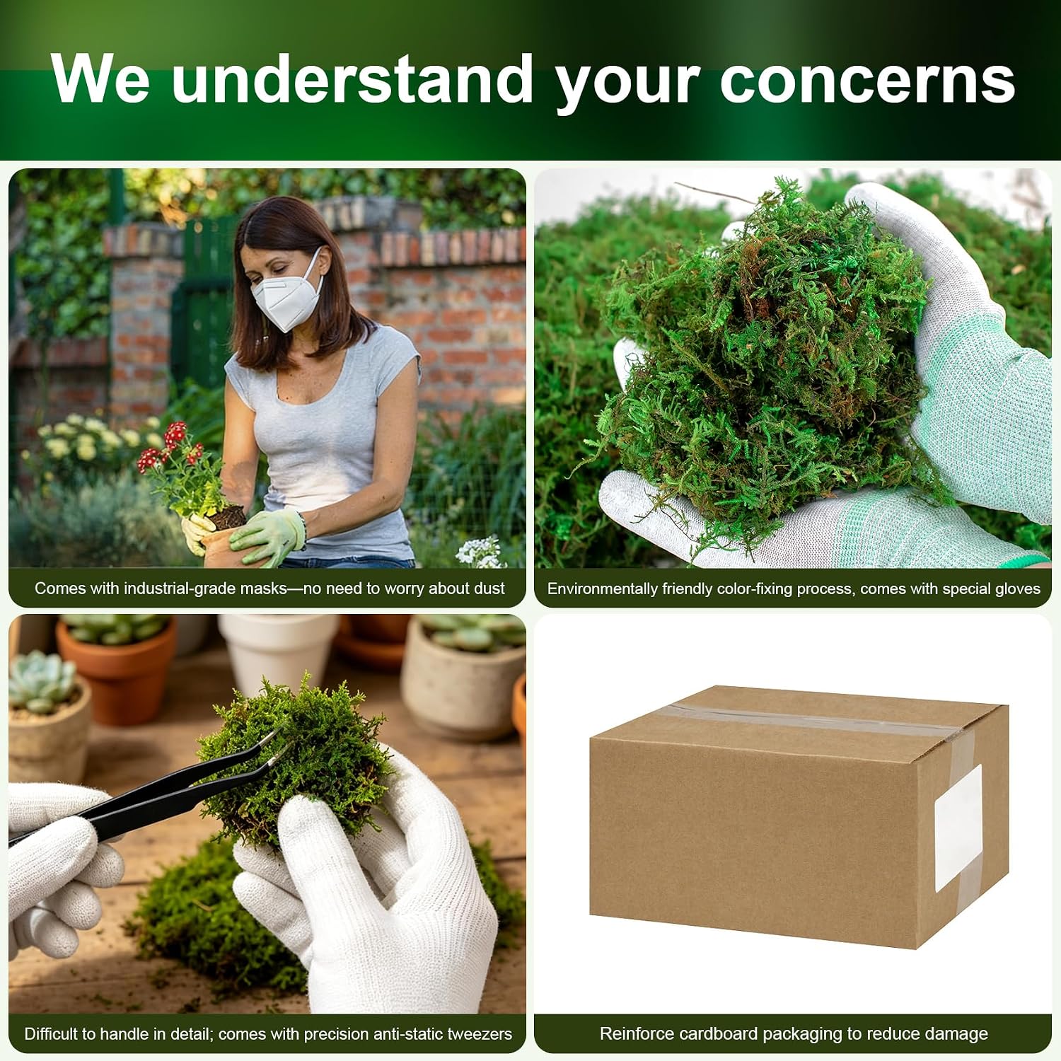 2.25LBS Artificial Fake Green Moss for Crafts Plants Indoor | Includes Gloves Tweezers， Dust Mask, Faux Moss for Potted