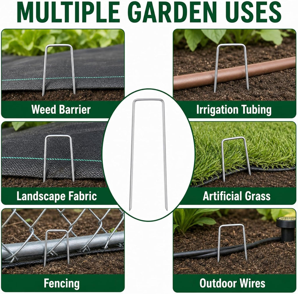 200 Pack 8 Inch Landscape Staples, Weed Barrier Stakes, 11 Gauge Galvanized | Tapered U-Shaped Stakes Secure Weed