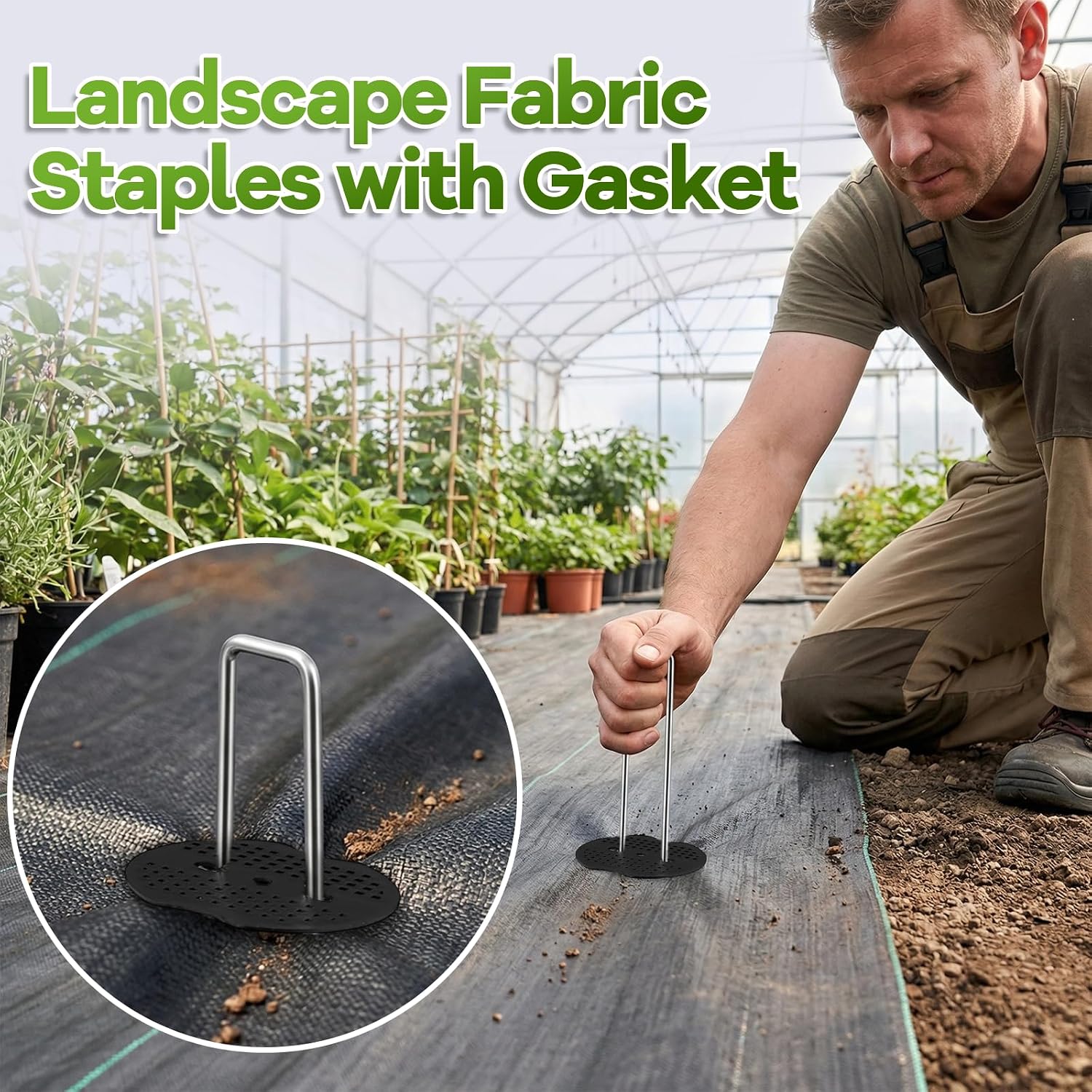 200PCS Garden Stakes Landscape Staples Set with Gasket, 11 Gauge | Heavy Duty Galvanized Garden Pins for Weed Barrier