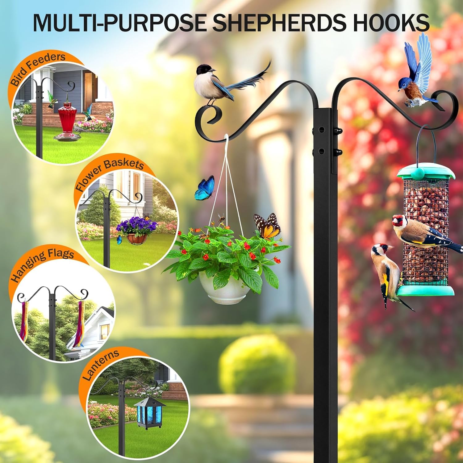 Garden Hose Holder for Outside - Upgraded Water Hose Holders with 5 Spikes & 2 Shepherds Hooks, Freestanding Hose Stand