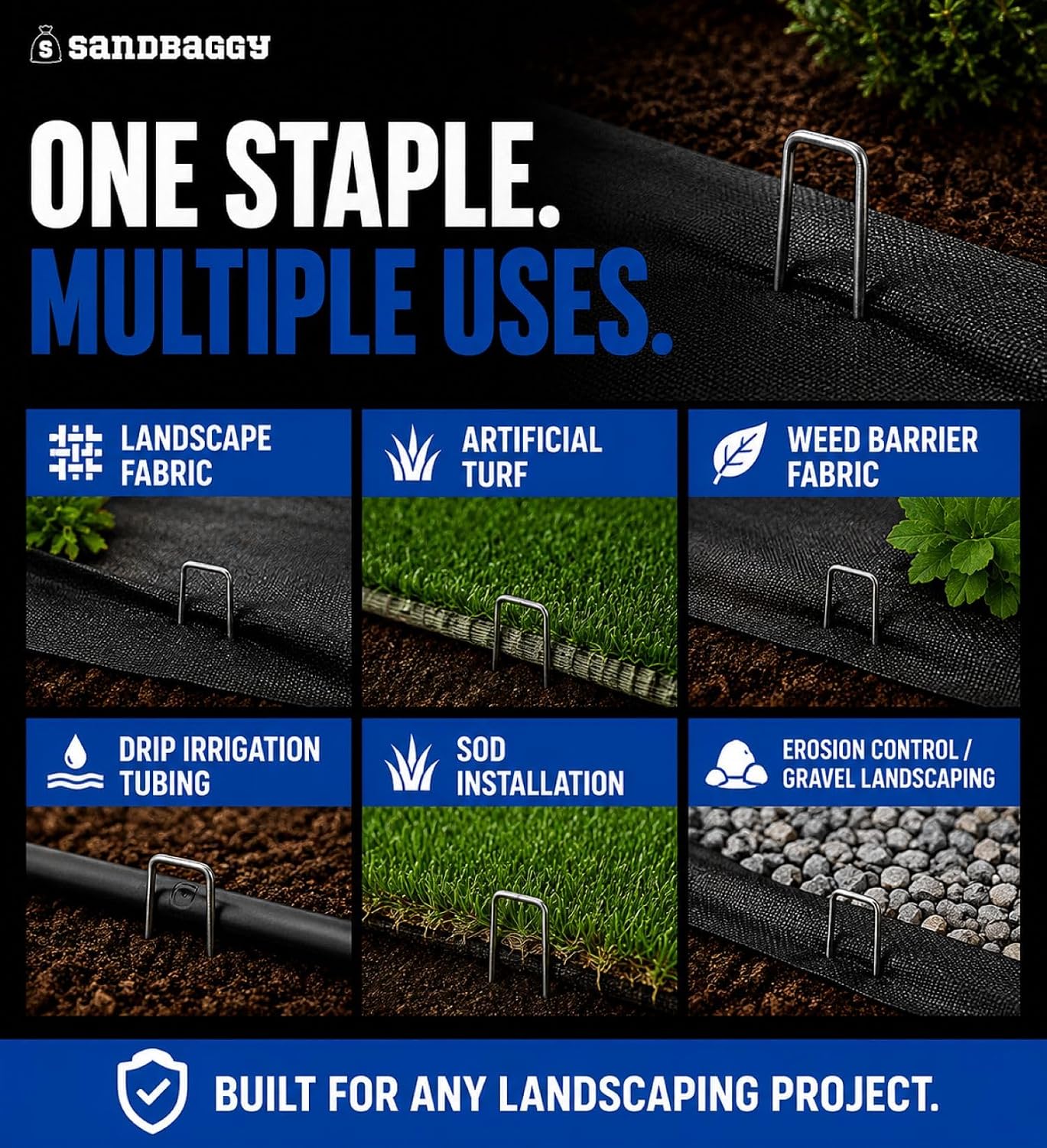 Sandbaggy 6 Inch Landscape Staples, 1,000 Pack 11 Gauge Heavy Duty Steel Garden Staples, Square Top U Pins for Weed