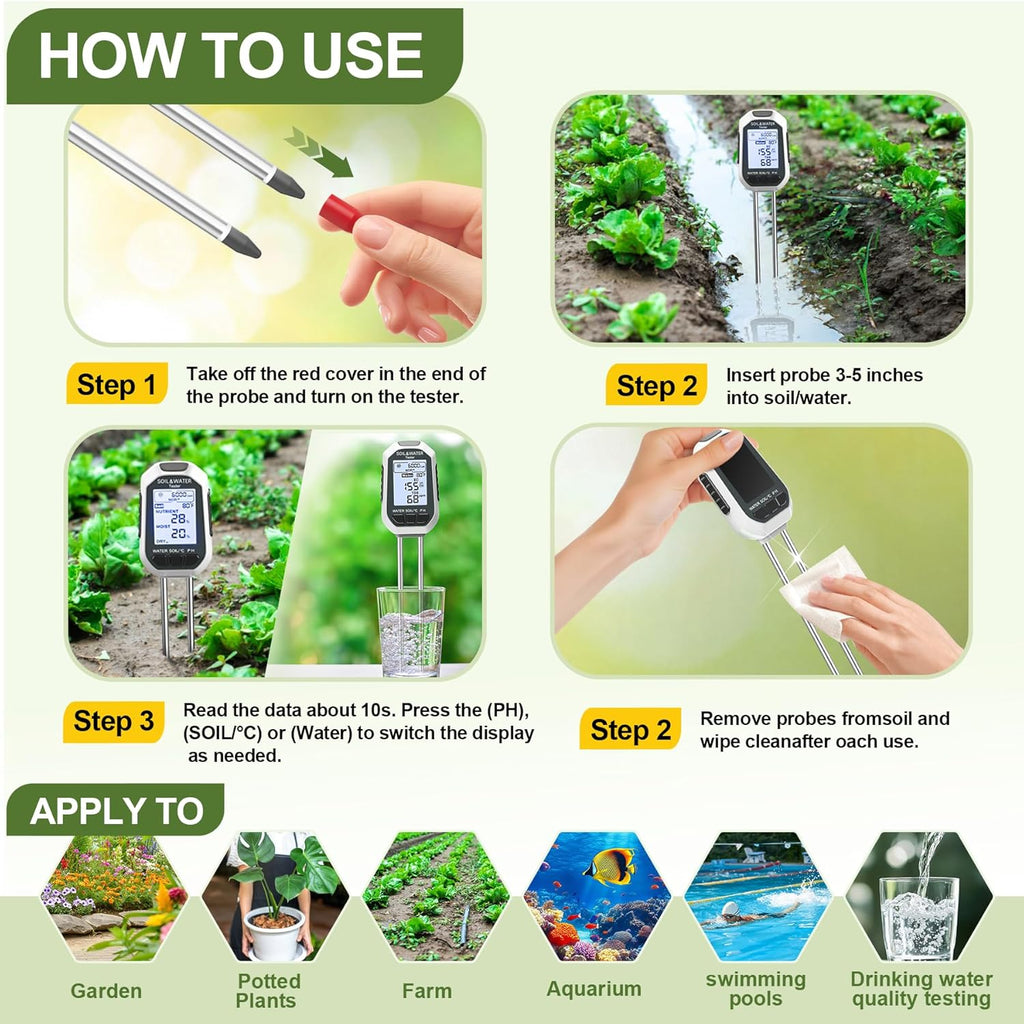 Moisture Meter for Plants, 7-in-1 Digital Soil Tester Kit with Backlit LCD - Measures pH, EC, TDS, Fertility, Temp