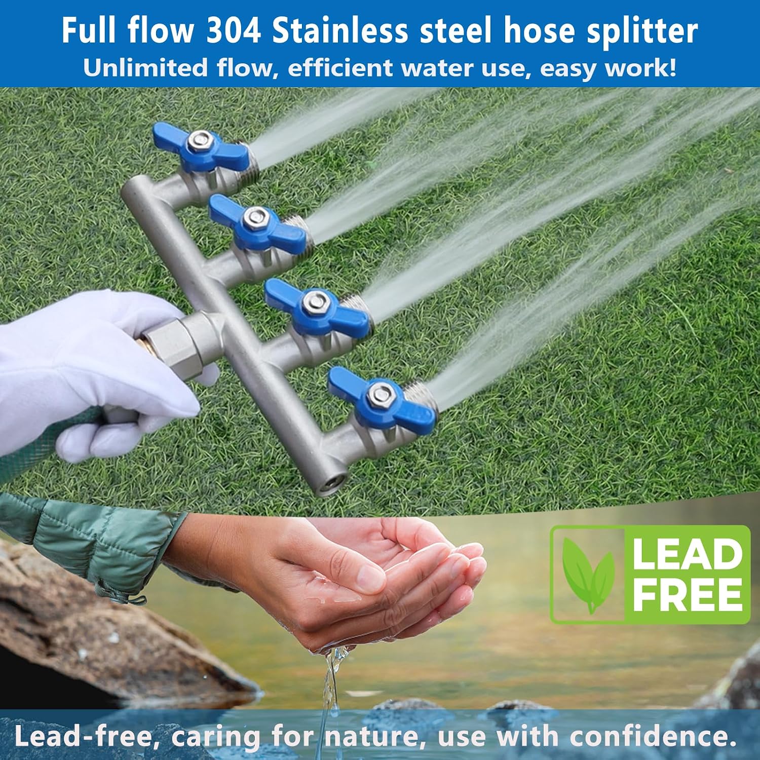 304 Stainless Steel Garden Hose Splitter 4 Way Heavy Duty, Full Flow T Valve Water Hose Splitter With 2.1" Extra Long