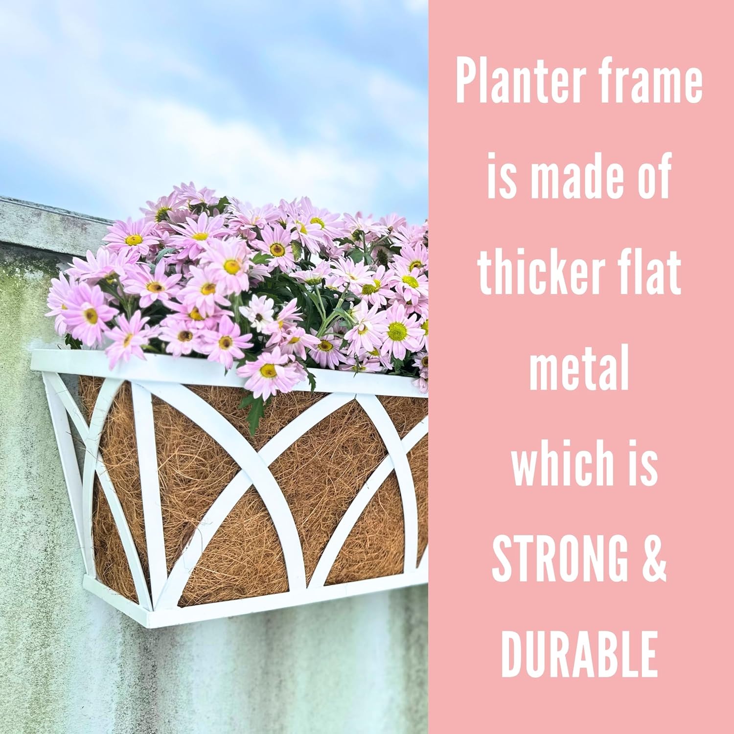 LaLaGreen Deck Railing Planter Outdoor (2 Pack, 30") Rectangular Window Flower Box with Coco Liner, White Metal Wall