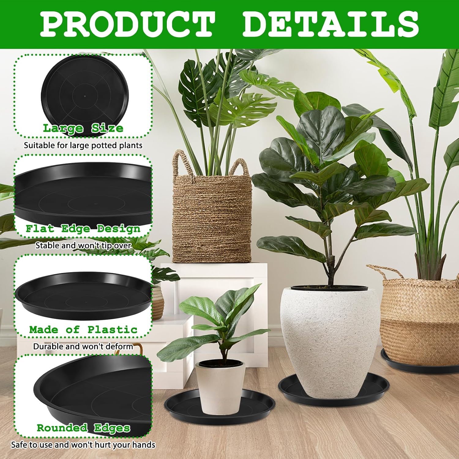 15 Pack Black Plastic Plant Saucers, 15.74 Inch Round Flower Pot Trays, Heavy Duty Plant Drip Trays for Flower Pots