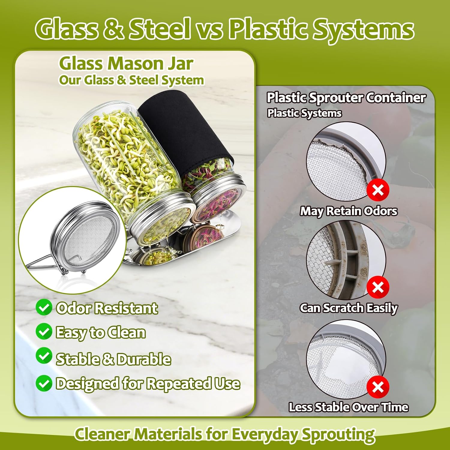 Sprouting Jar Kit, Stainless Steel Sprouting Lids with Stand, 2 Pcs | Sprouting Kit with Glass Mason Jars &