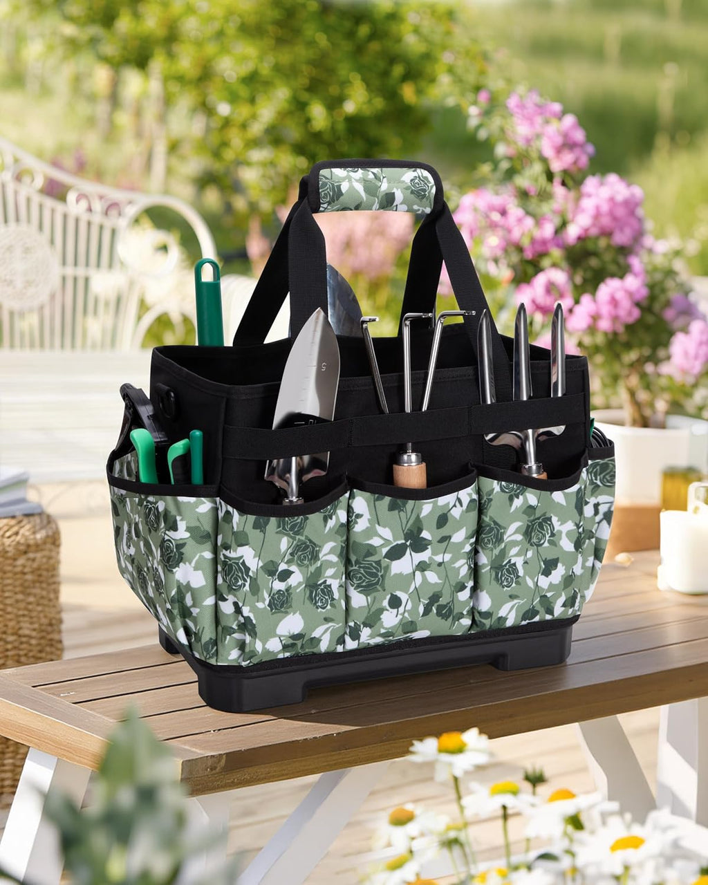 Marscamd Garden Tool Bag with Hard Bottom, Garden Tote with Shoulder Strap | Multiple Pockets, No Accessories Included