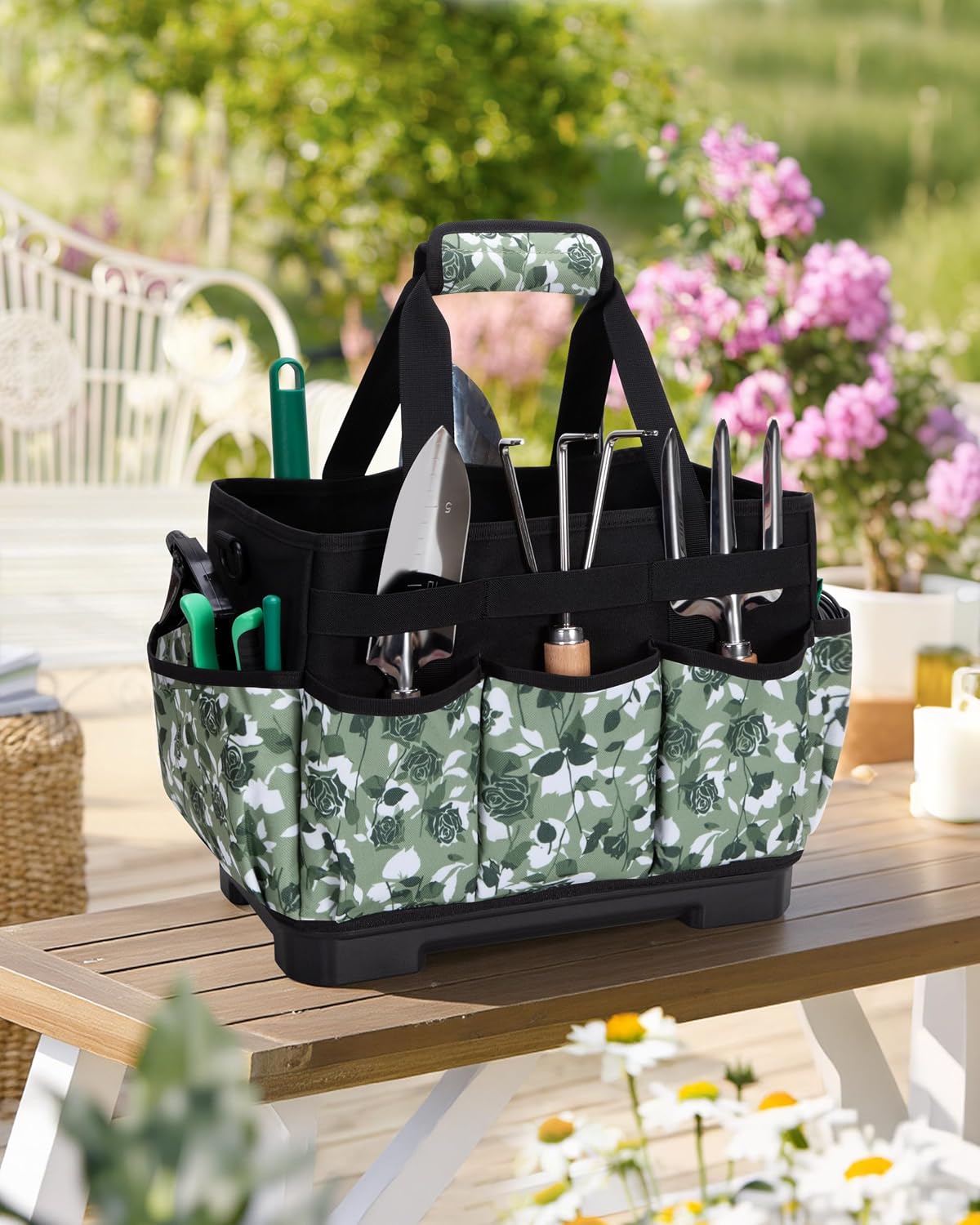 Marscamd Garden Tool Bag with Hard Bottom, Garden Tote with Shoulder Strap | Multiple Pockets, No Accessories Included