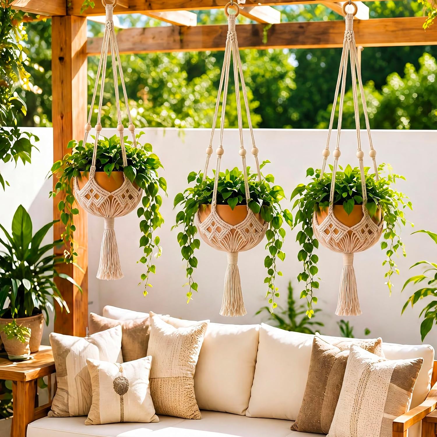 Shappy 3 Pack Boho Macrame Plant Hanger for Indoor | Large Hanging Planter Plant Holder Pot Hanger Hanging Basket Wall