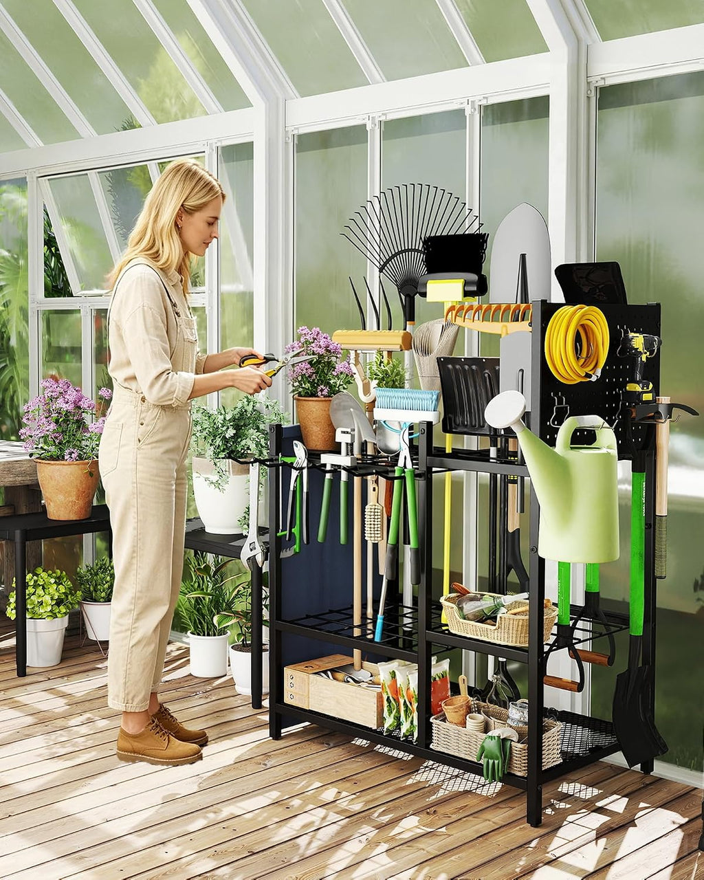 Garden Tool Organizer with Pegboard, Yard Tool Holder Standing for Garage Organization, Up to 30 Long-Handled/10