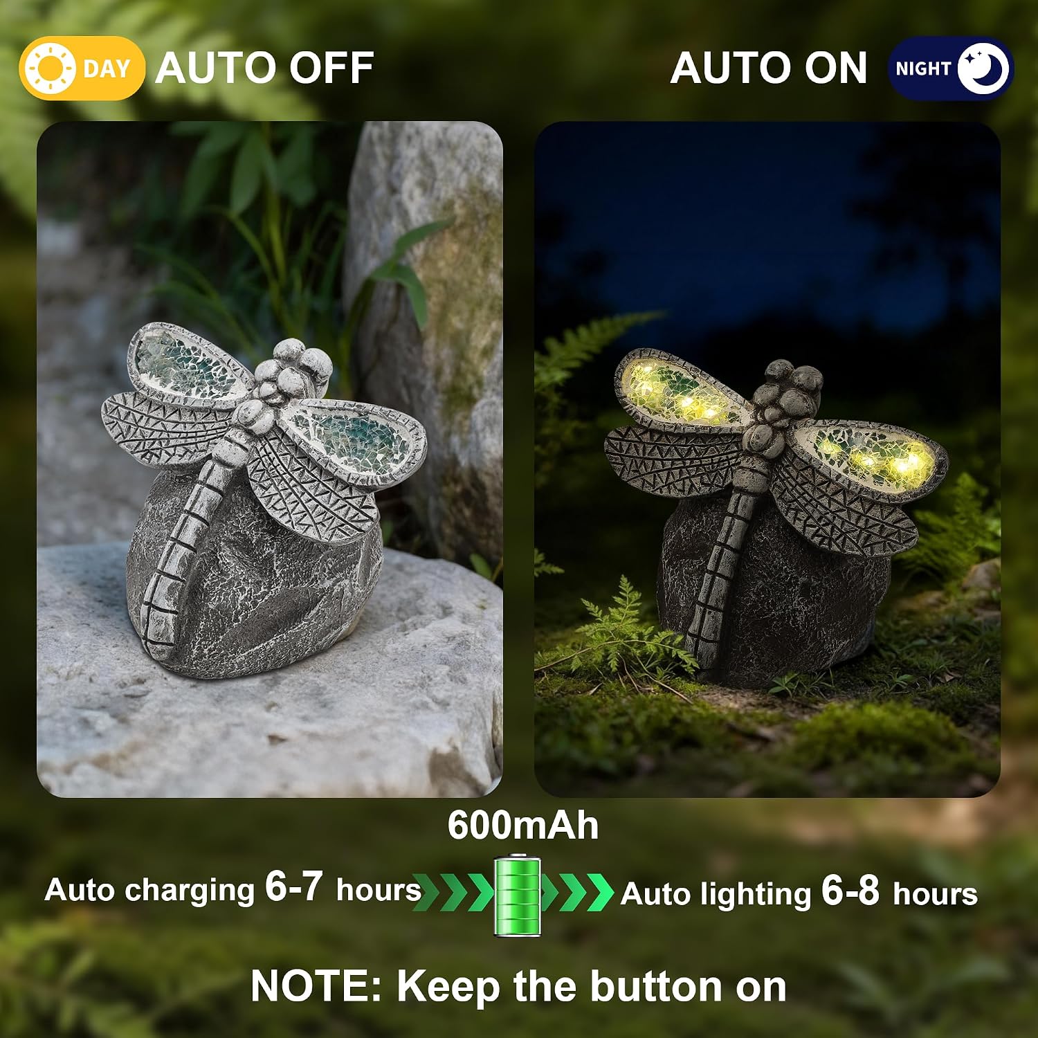 Solar Dragonfly Garden Statues & Light, Outdoor Resin Yard Figurine Decor | Solar Powered IP65 Waterproof Garden