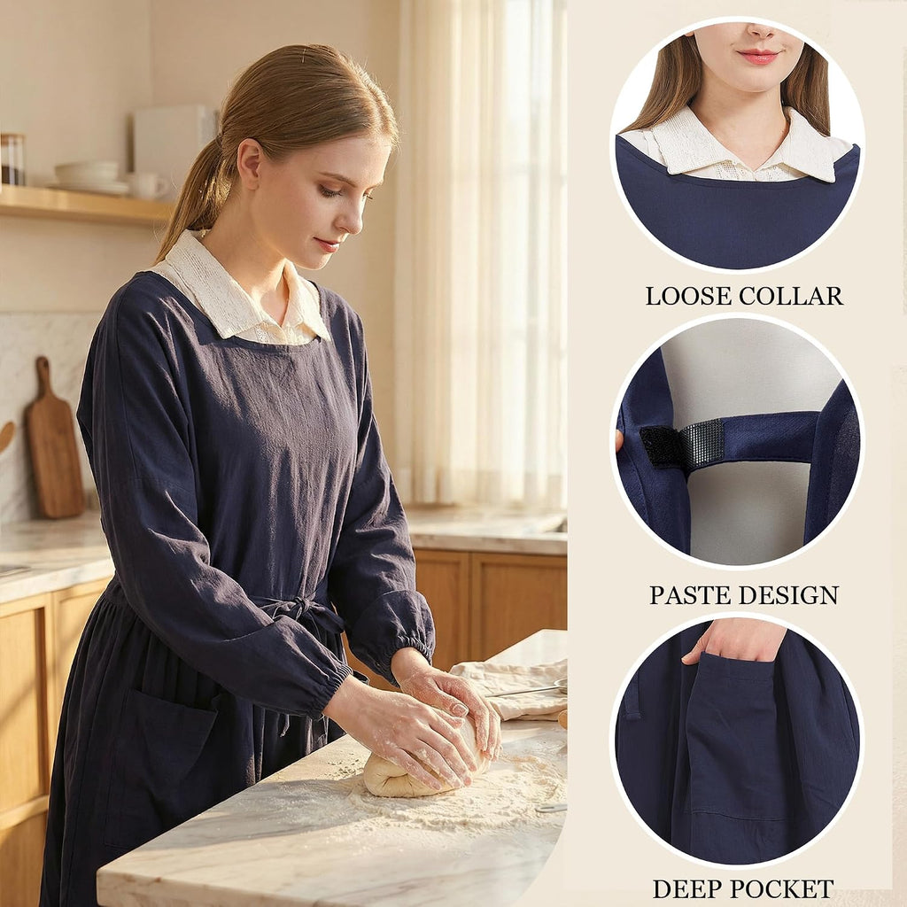 Nanxson Cotton Linen Apron Women's Long Sleeve Apron for Cooking,Gardening | Long waist strap,stickers on back,elastic