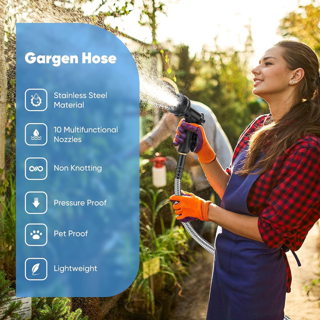 Garden Hose 50 FT, Metal Stainless Steel Water Hose with 10 Function Nozzle | No Kinks, Flexible Hose, Lightweight