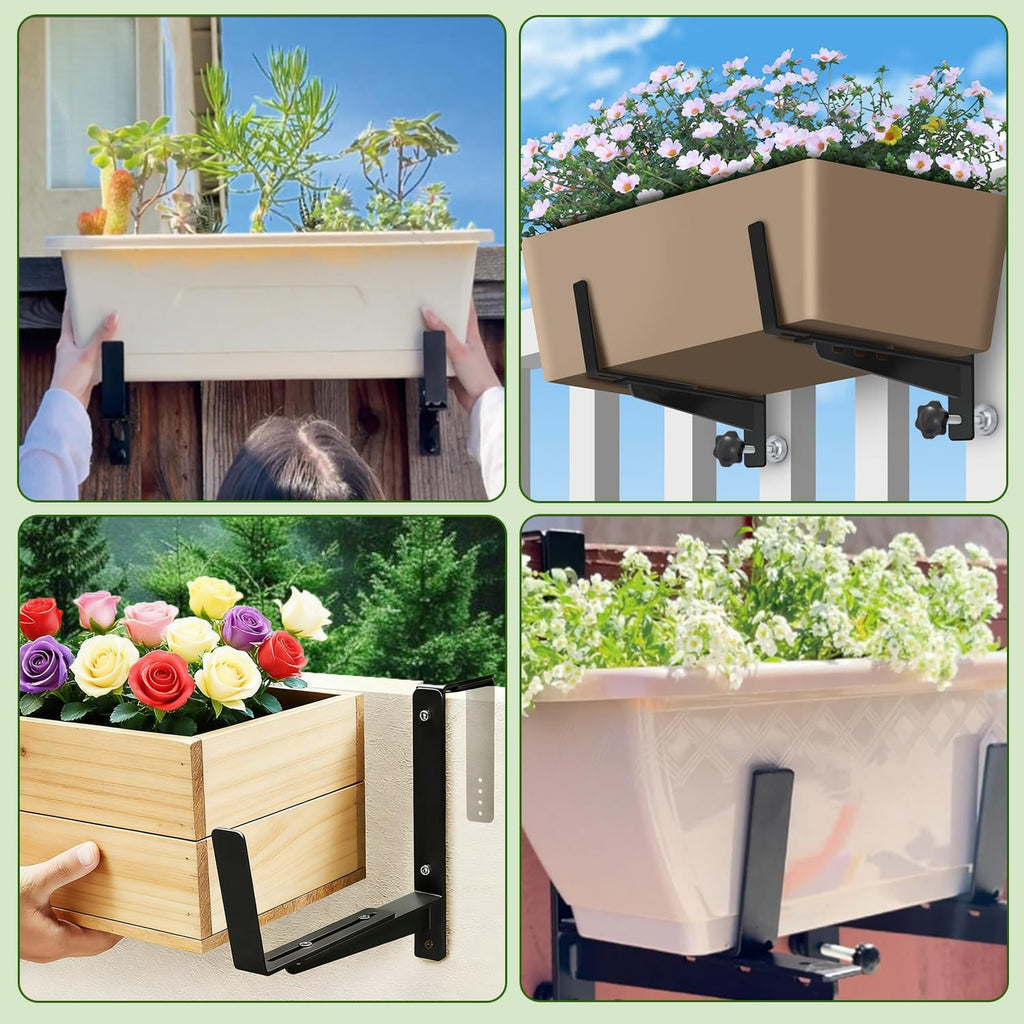 Heavy Duty Adjustable Window Box Brackets | Iron Planter Box Hangers, Reinforced Bottom Support, For Balcony, Fence