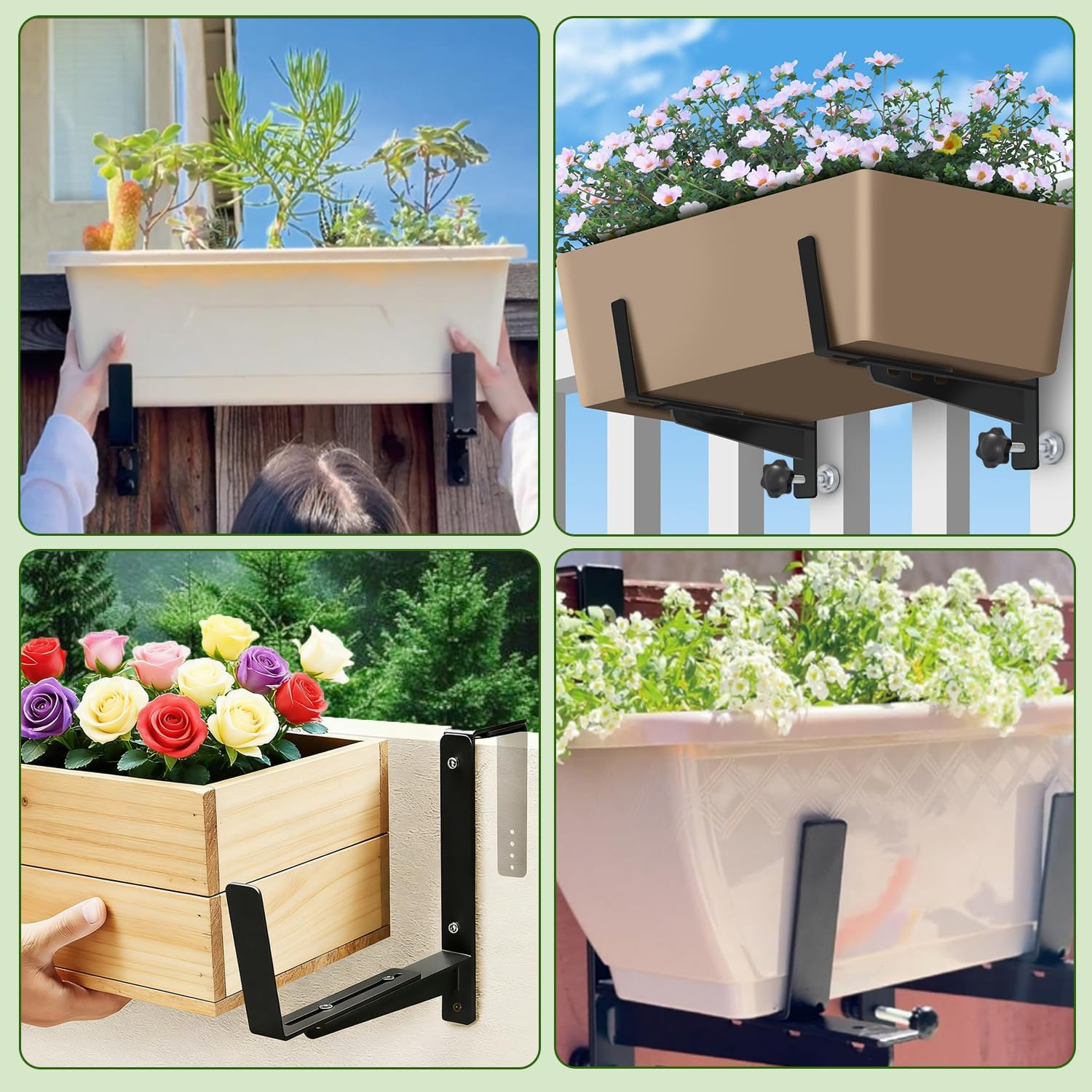 Heavy Duty Adjustable Window Box Brackets | Iron Planter Box Hangers, Reinforced Bottom Support, For Balcony, Fence