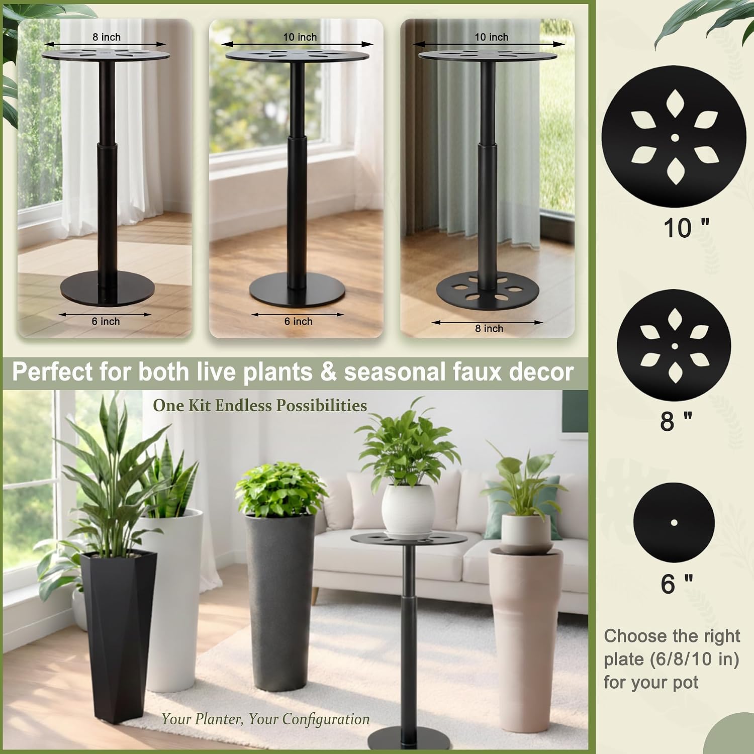 Adjustable Plant Risers for Inside Pots, 10-17 Inch Lift Height | Round Planter Insert for Tall Pots, 1 Stand, 8" & 10"