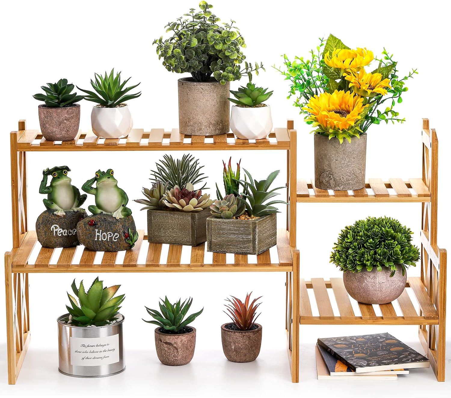 Lawei 2 Tier Bamboo Tabletop Plant Stand, Adjustable Flower Pot Holder Shelf Planter Display Stand, Small Desktop