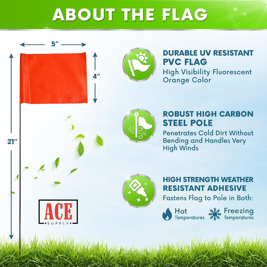 Orange Marking Flags 100 Pack - 4x5x21 Inch Orange Flags for Yard - Markers For Lawn, Irrigation, Landscaping, Survey &