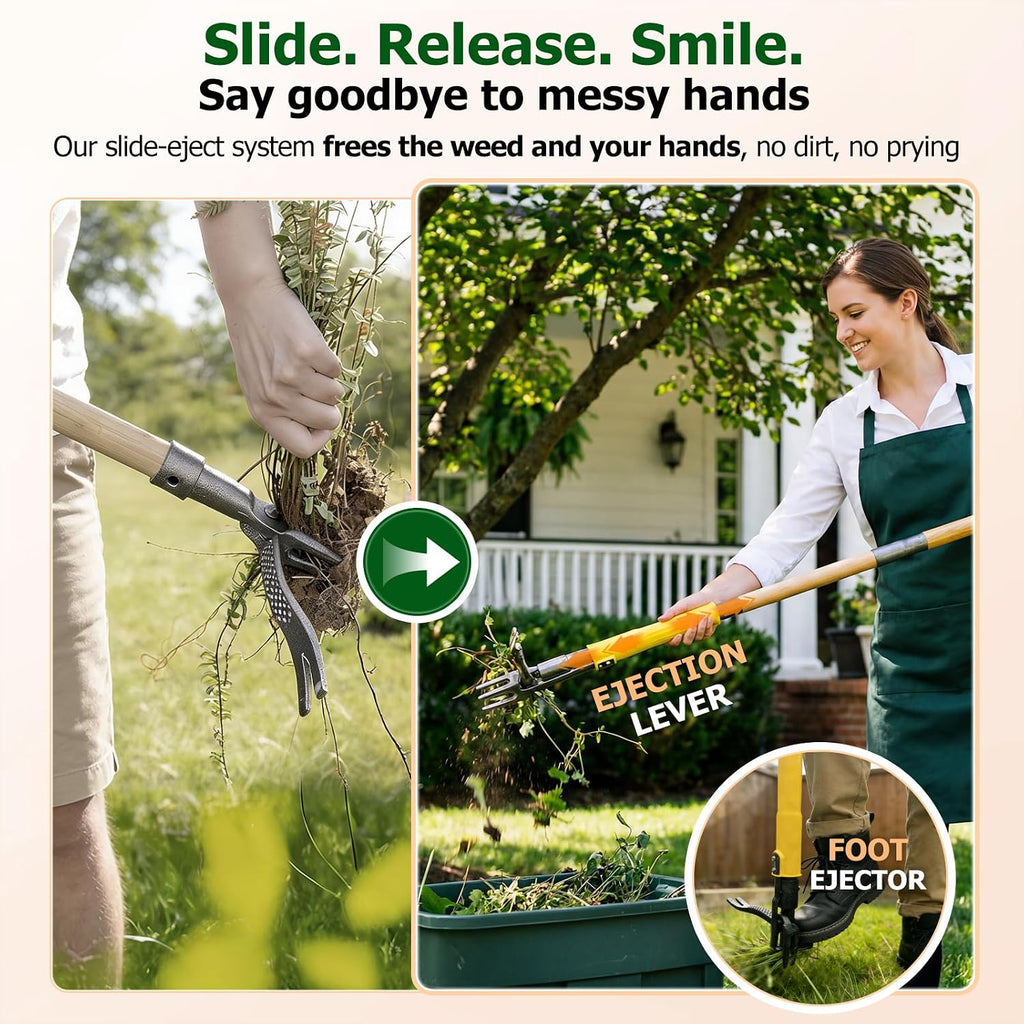 Stand Up Weed Puller Tool with Slide-Release System, Effortless Weeder for Lawn & Garden, 3-Section Wood Handle for