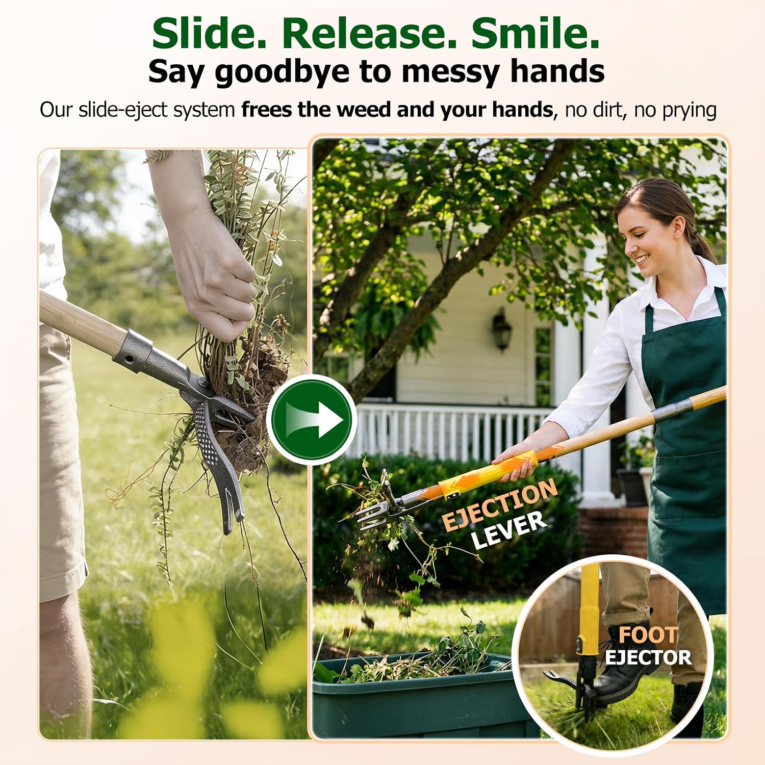 Stand Up Weed Puller Tool with Slide-Release System, Effortless Weeder for Lawn & Garden, 3-Section Wood Handle for