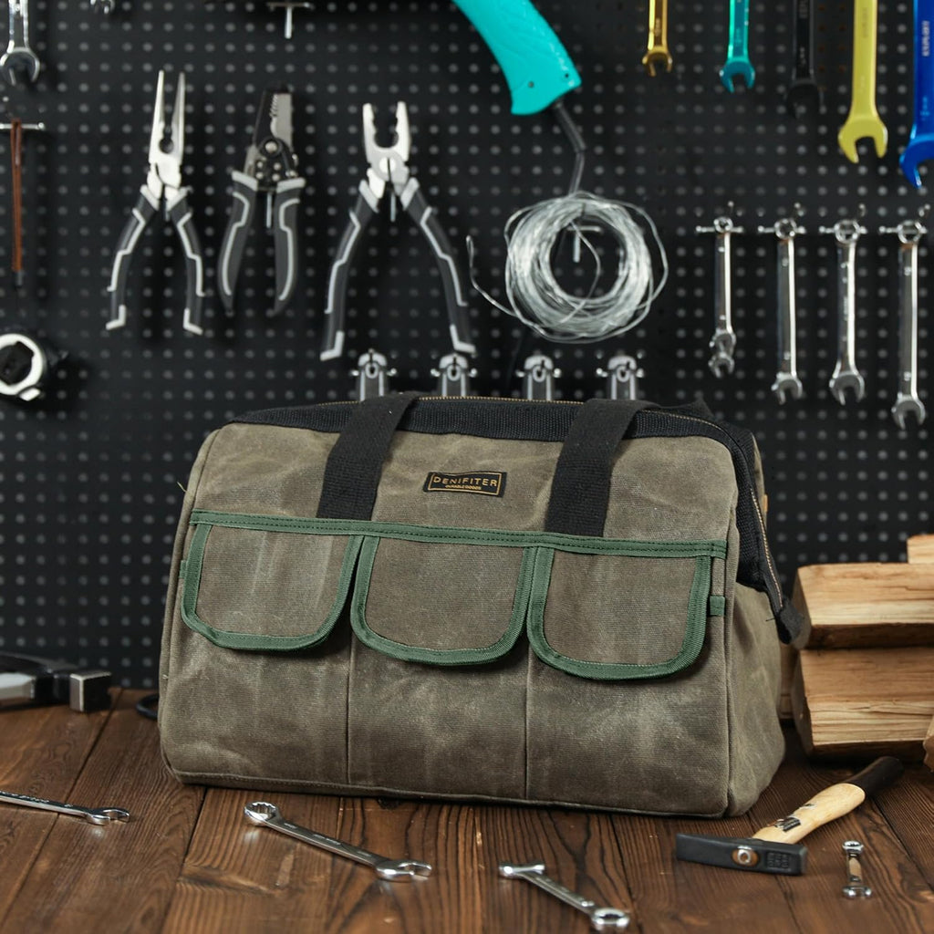 15 Inch Tool Bag, Heavy Duty Waxed Canvas Wide Mouth Water-Resistant Tool Pouch, Garden Tool Tote with 15 Pockets