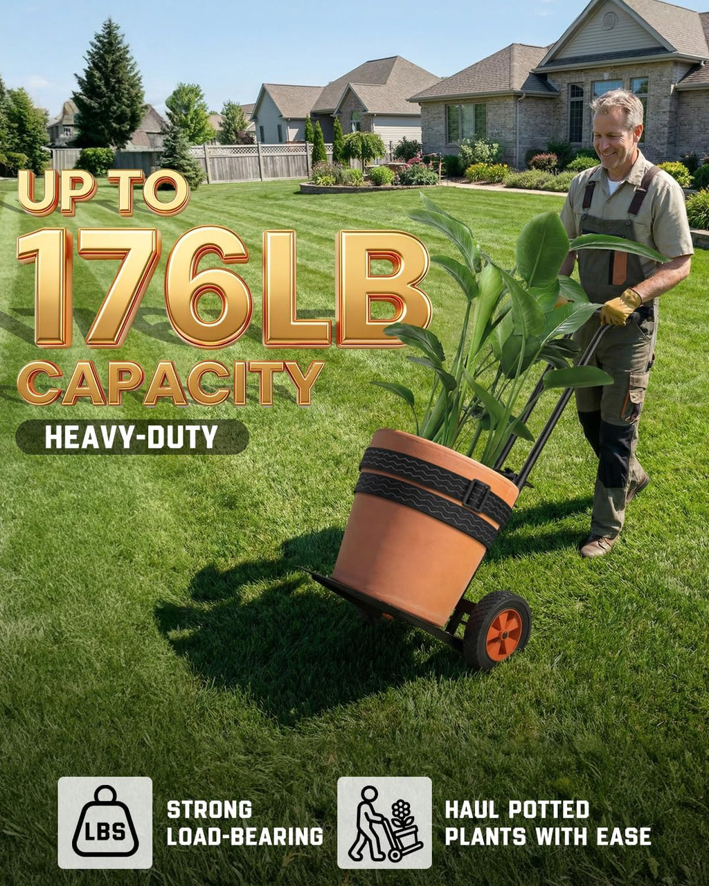 Plant Caddy with Wheels, 176Lbs Heavy Duty Plant Dolly Cart | Foldable, Adjustable Grabbing Arm & Strap, Back &
