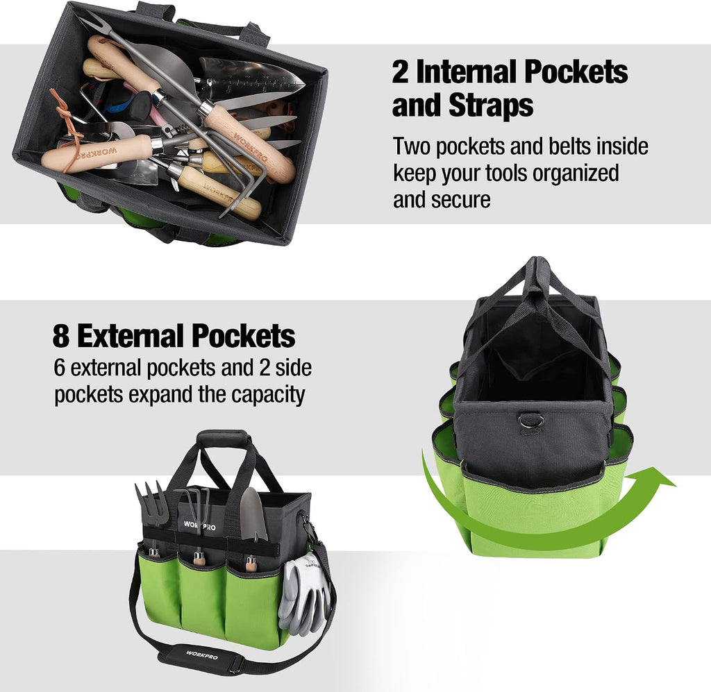 WORKPRO Garden Tool Bag, 10 Pockets and Shoulder Strap, Green | Heavy Duty Gardening Organizer Tote Bag, Standable