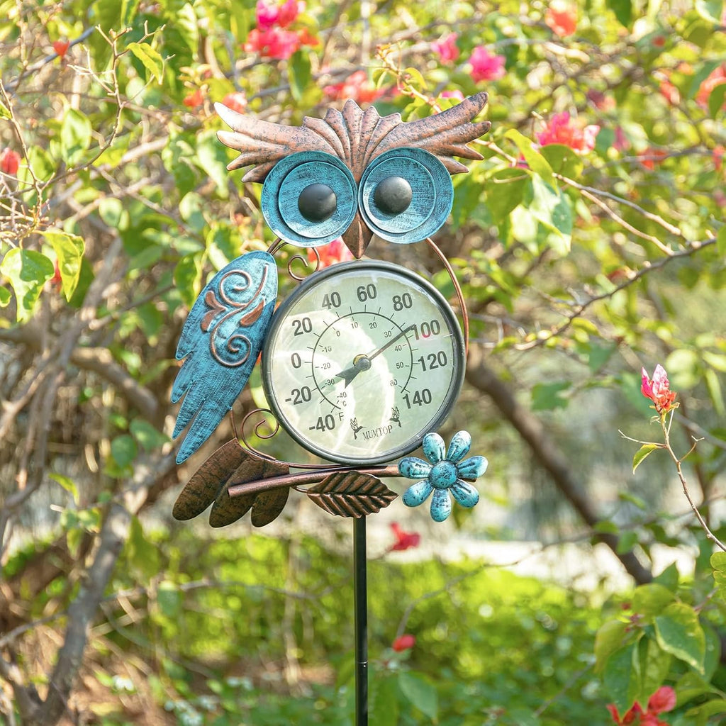 Outdoor Thermometer, Owl Outside Decor for Patio, Yard and Garden | No Battery Needed Garden Stake Wall Art Gifts Idea