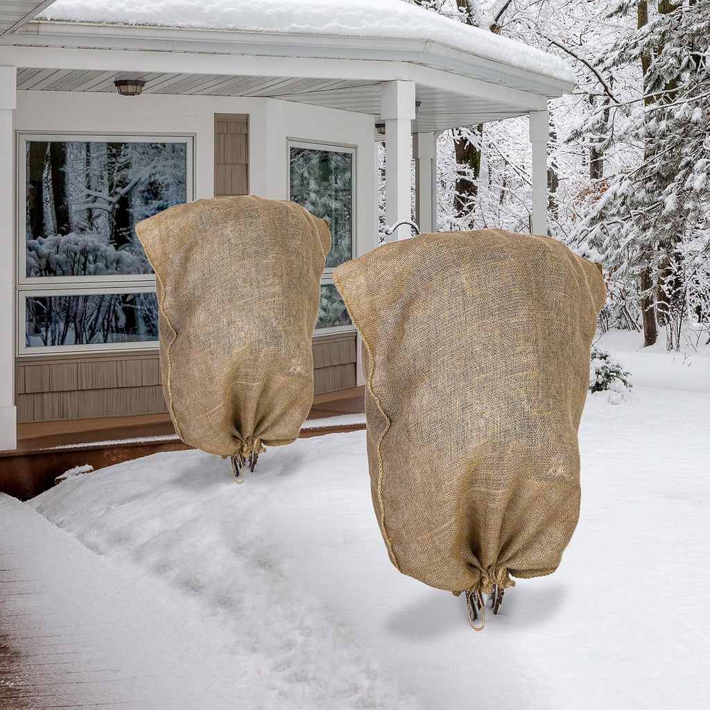Hahood 8 Packs Winter Burlap Plant Covers Bags 23.6 x 39.4 Inch Large Burlap Sack Plant Blanket with Drawstring