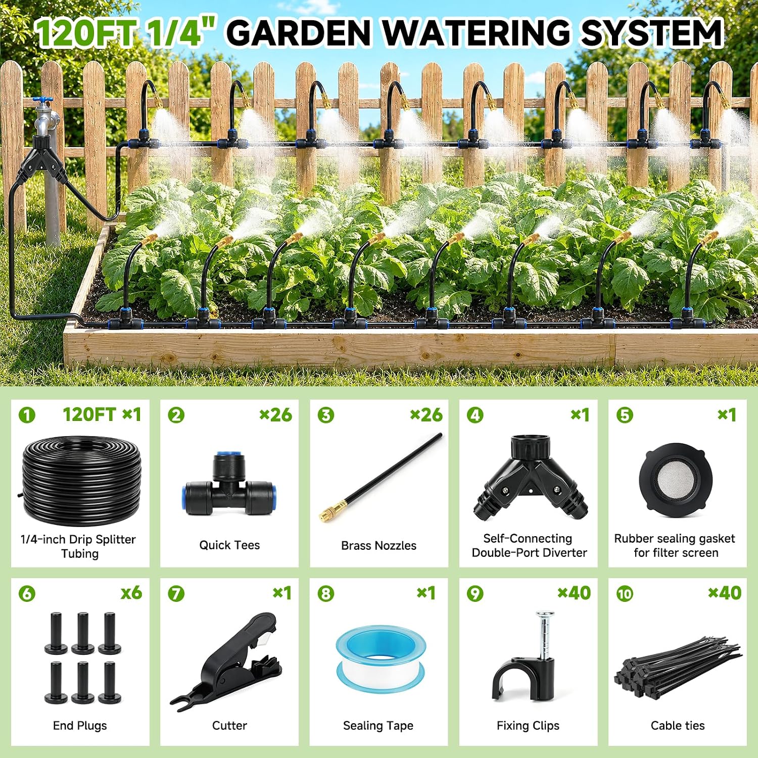 120FT Drip Irrigation System for Garden, 360° Bendable Garden Watering Kit