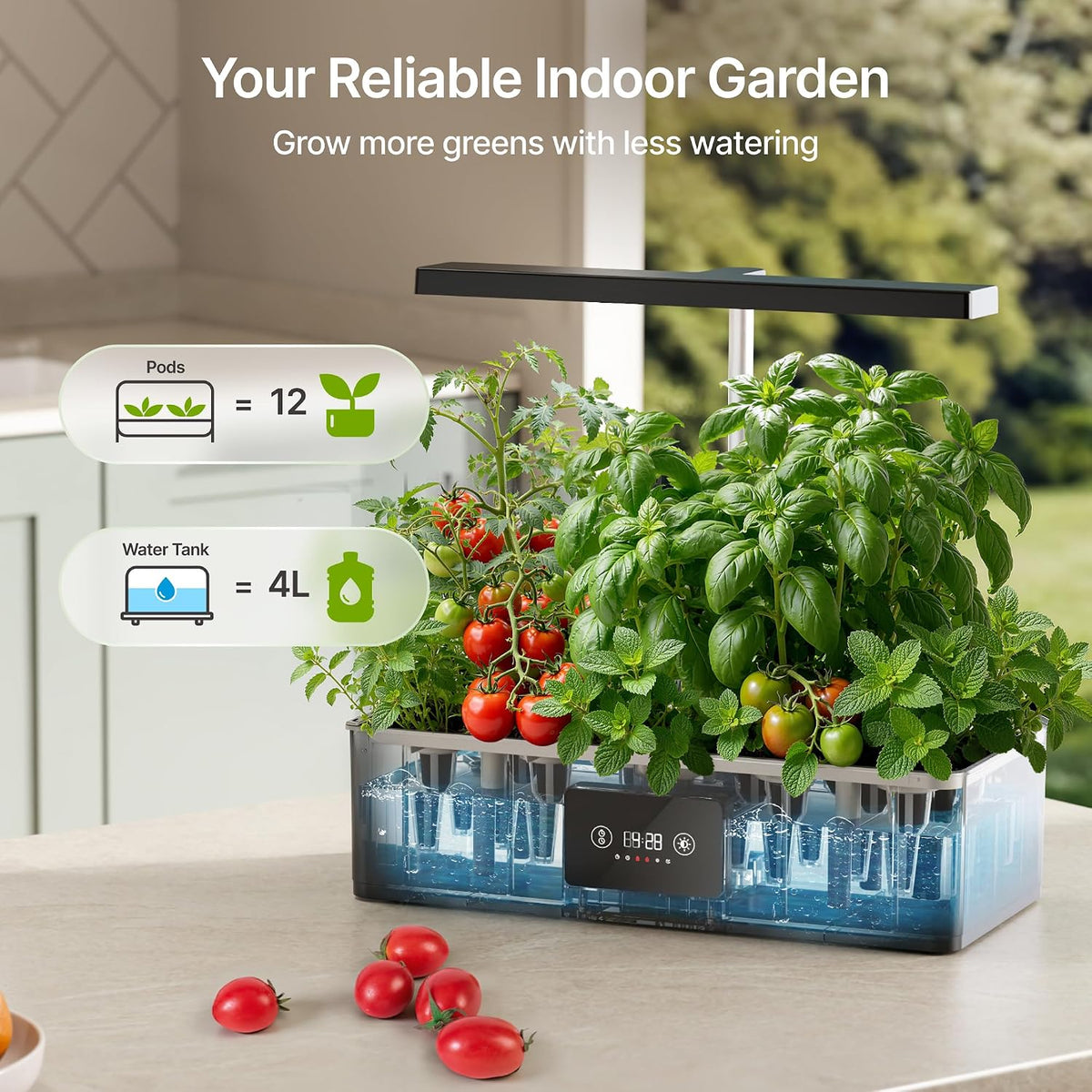Hydroponics Growing System Kit with 24W Dimmable LED Light, Black | 12 Pods Indoor Herb Garden with Timer & Local Time