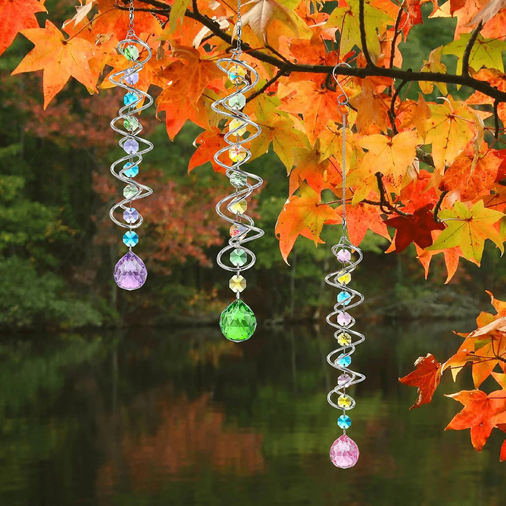 Set of 3 Crystal Suncatcher Spiral Wind Spinner Gazing Ball Decor | Crystal Suncatcher Rainbow Maker with Spiral Tail