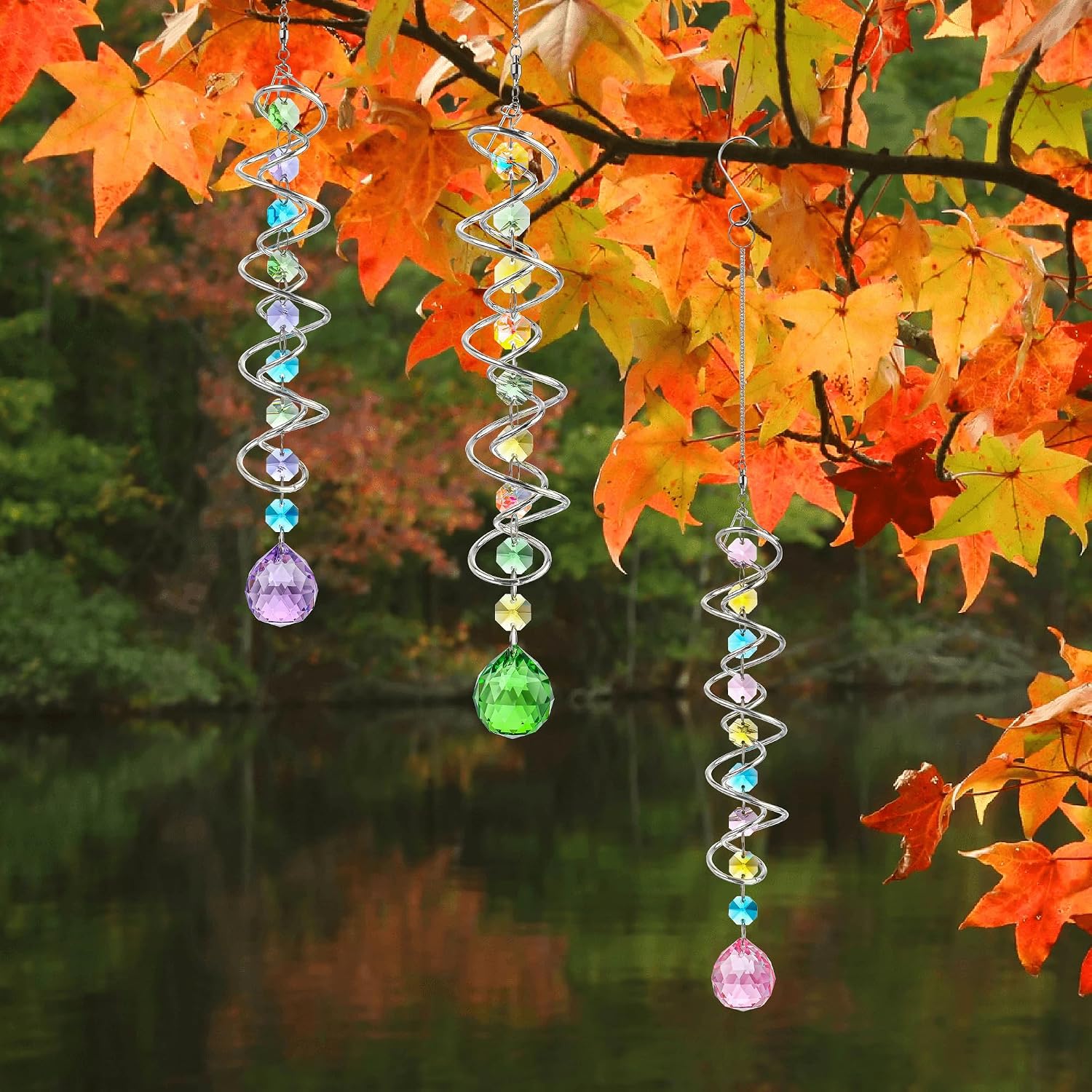 Set of 3 Crystal Suncatcher Spiral Wind Spinner Gazing Ball Decor | Crystal Suncatcher Rainbow Maker with Spiral Tail