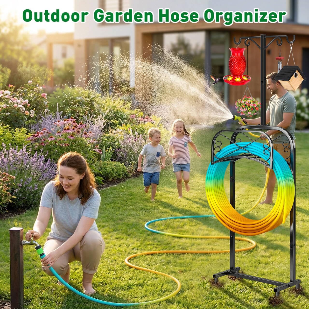 Gtongoko Garden Hose Holder for Outside 70" with 4 Prongs Base & 2 Shepherds Hooks Heavy Duty Freestanding Metal Water