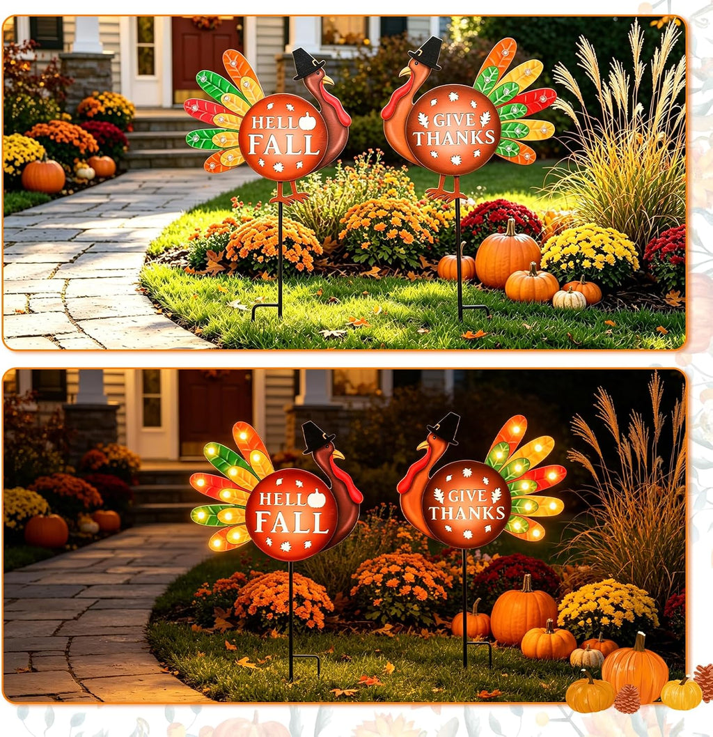 Thanksgiving Turkey Outdoor Decor for Home, 2 Pack | Harvest Fall Outside Decor, Lighted Up Turkey Metal Garden Stakes