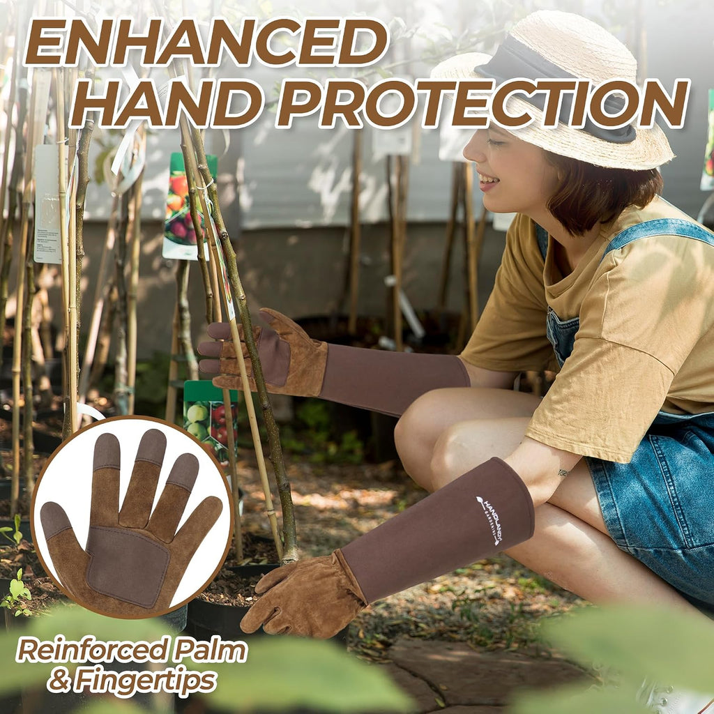 HANDLANDY HLDD Long Gardening Gloves for Women Men - Leather Rose Pruning Gloves Thorn Proof - Breathable Working Glove