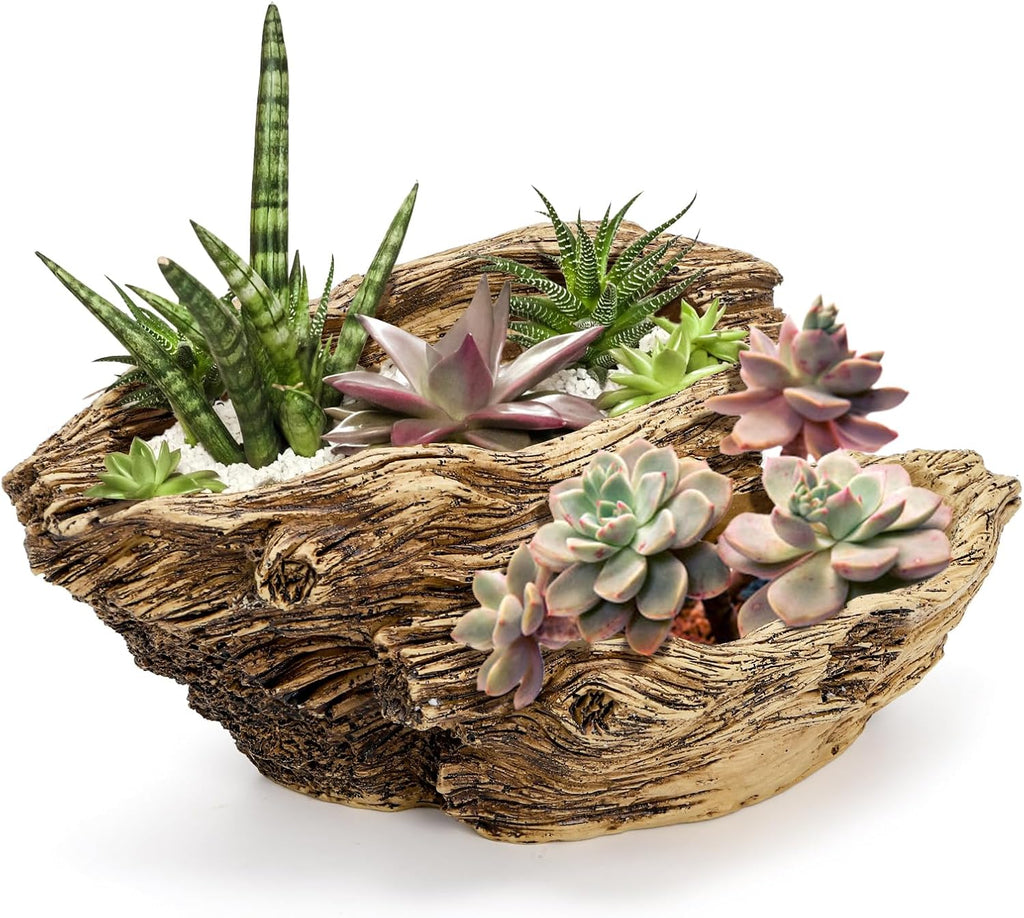 Noamus Artificial Driftwood Planter, Sculpture Resin Succulent Flower Pot, Imitation Wood Pile Porous Bonsai Tree Plant