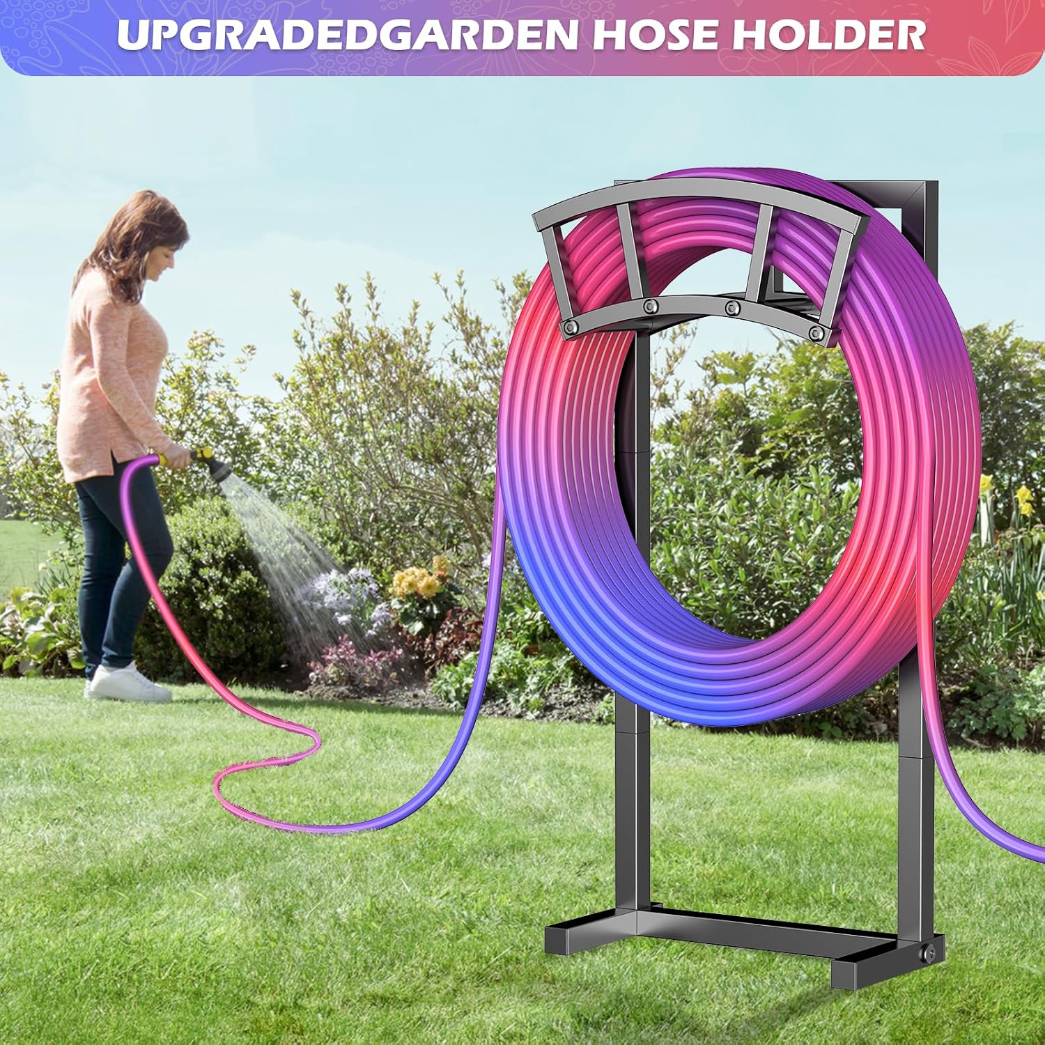 Garden Hose Holder Freestanding, Outdoor Heavy Duty Water Hose Holder Reel with 4 Spikes Holds 150-ft Water Pipe