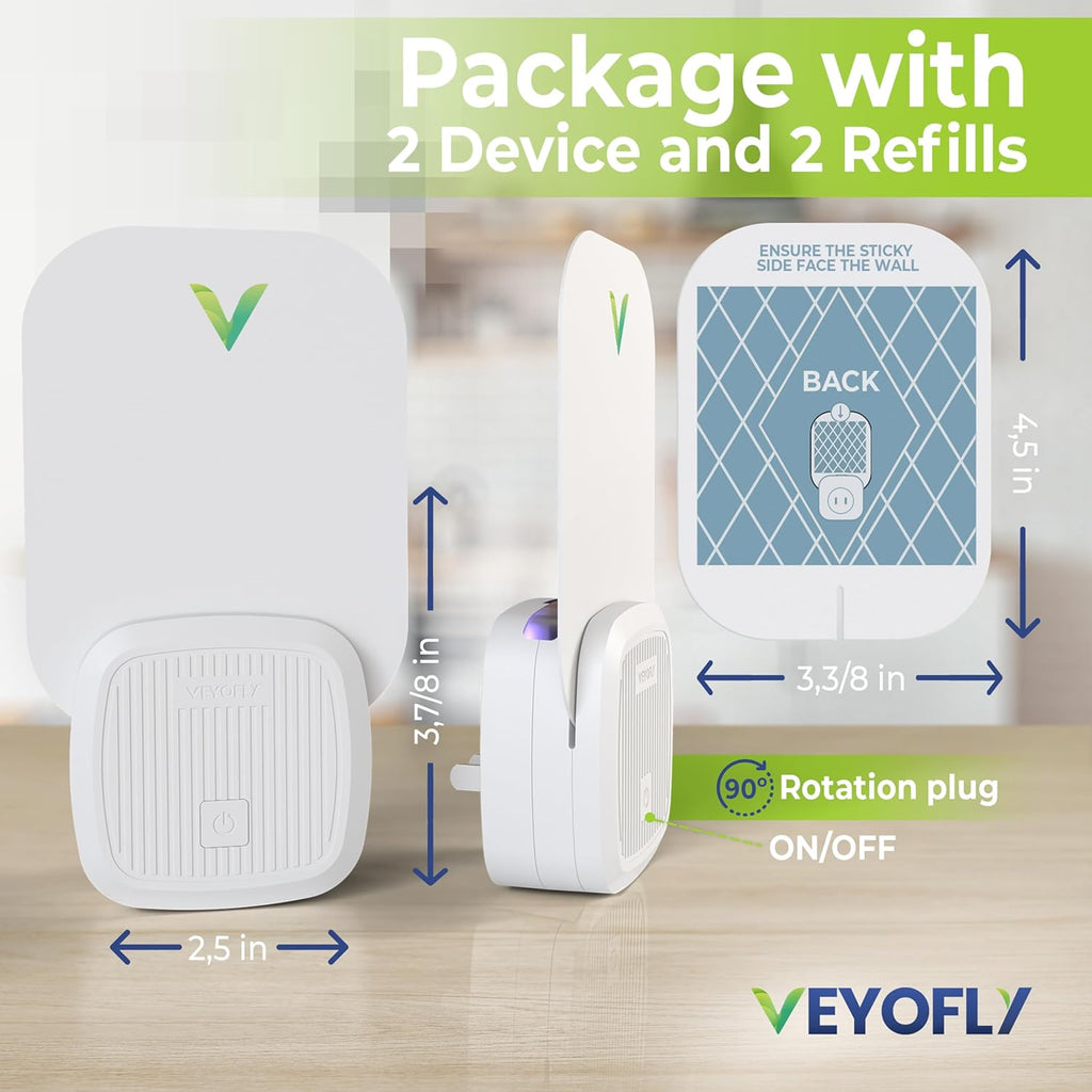 VEYOFLY Fruit Fly Traps Indoor Plug-in UV, Gnat Trap, 2 Device + 2 Refills | UV light attracts insects to glue cards
