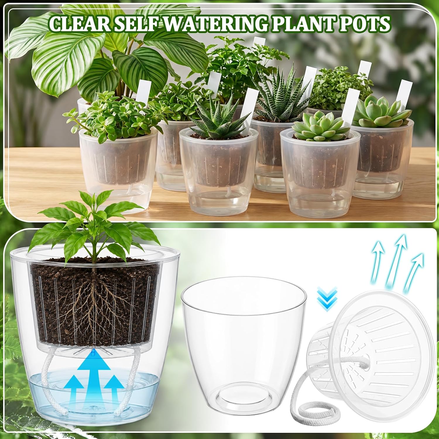 24 pcs Self Watering Pots 3.5 Inch Plastic Flower Plant Pot with Inner Pot Self Watering Wick Planter Clear Flower pots