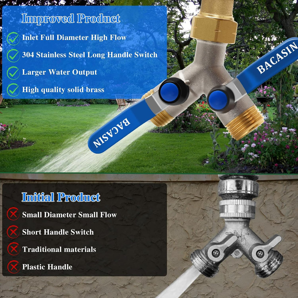Brass Garden Hose Splitter, Garden Hose Splitter 2 Way Heavy Duty, With 2 304 Stainless Steel Extension Handles, 2-Way