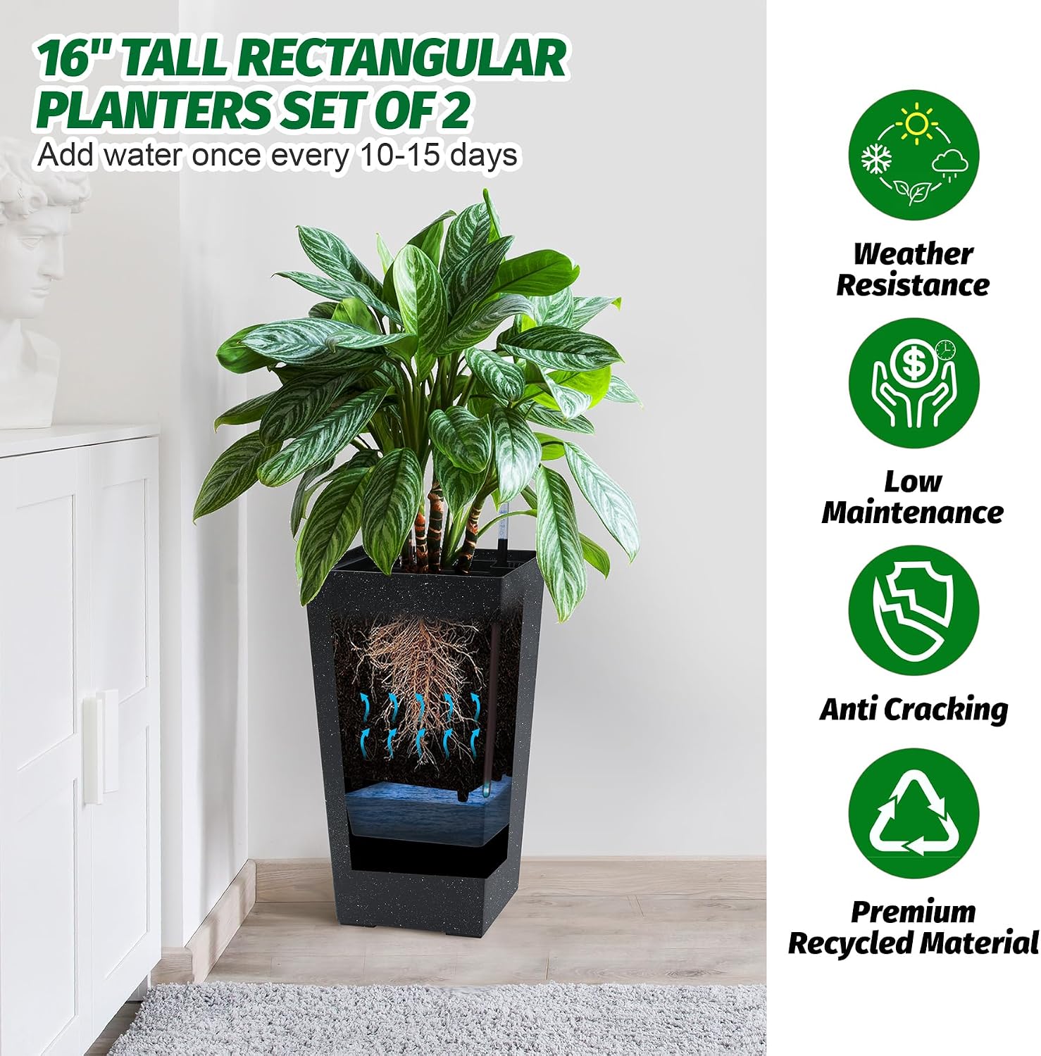 Garvee 16" Tall Planters Set of 2, Outdoor＆Indoor Planter Pots, Black | High Front Porch Planter Pots with Drainage