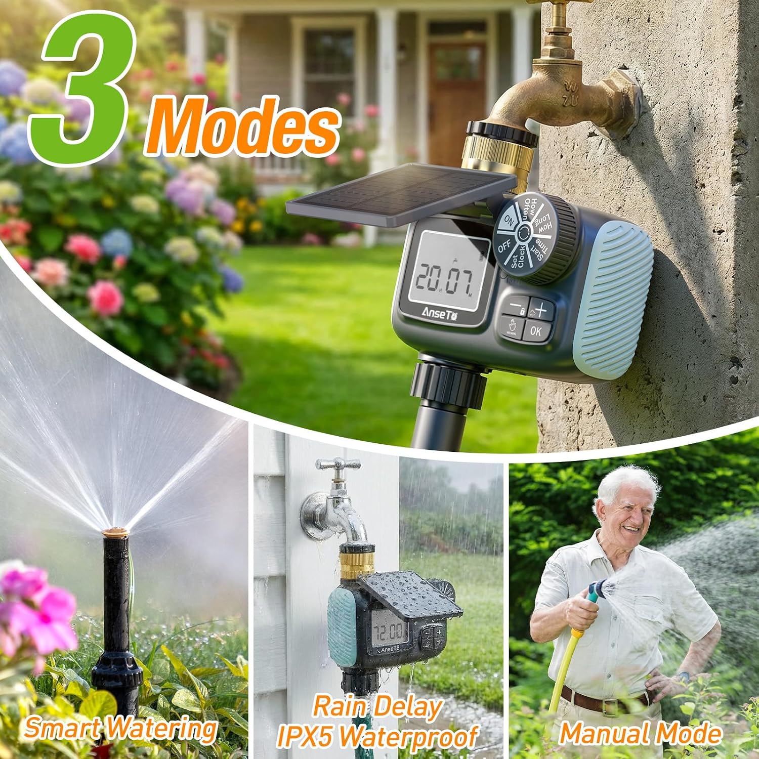 Solar Type-C Rechargeable Sprinkler Water Timer for Garden Hose Lawn | Programmable Intelligent Automatic Faucet System