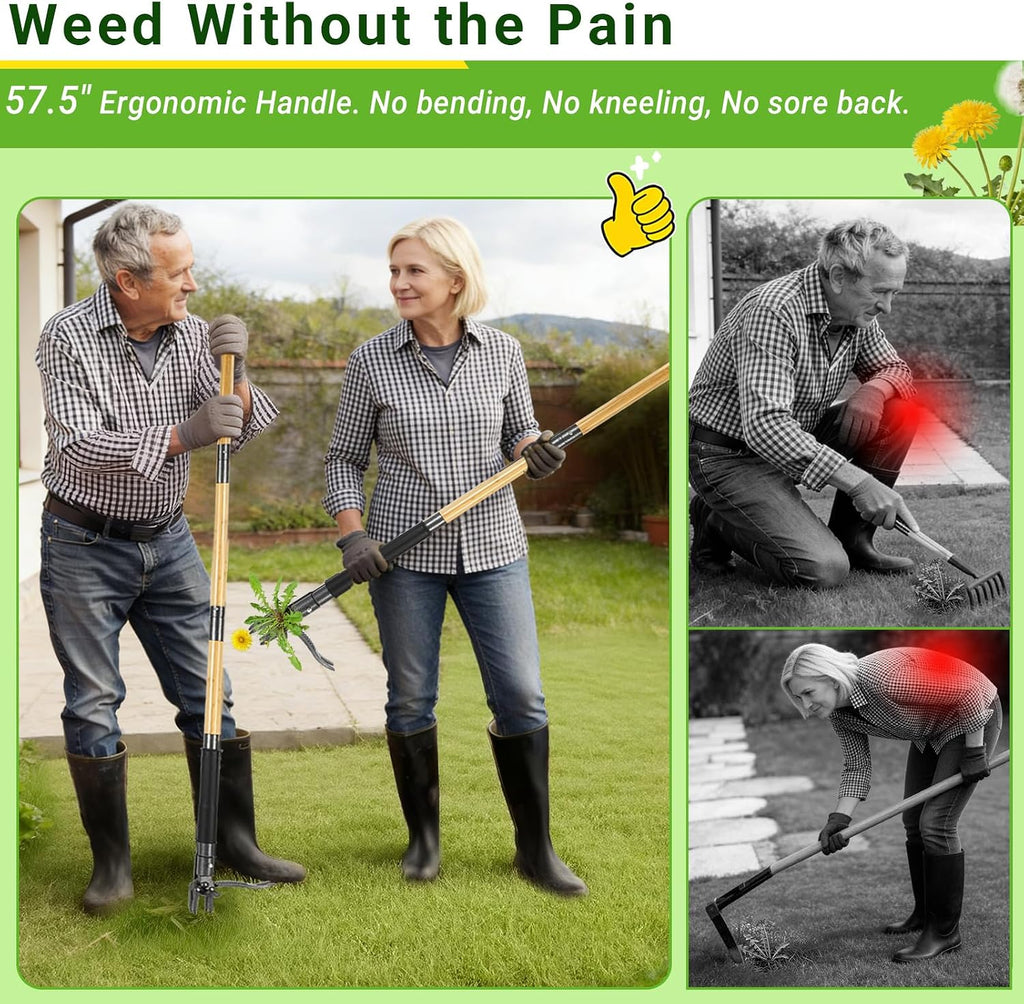 Weed Puller Tool for Garden Lawn Yard, 57.5" | Includes 16 Gallon Leaf Bag, Dual-Eject Mechanism, 4-Claw Steel Head