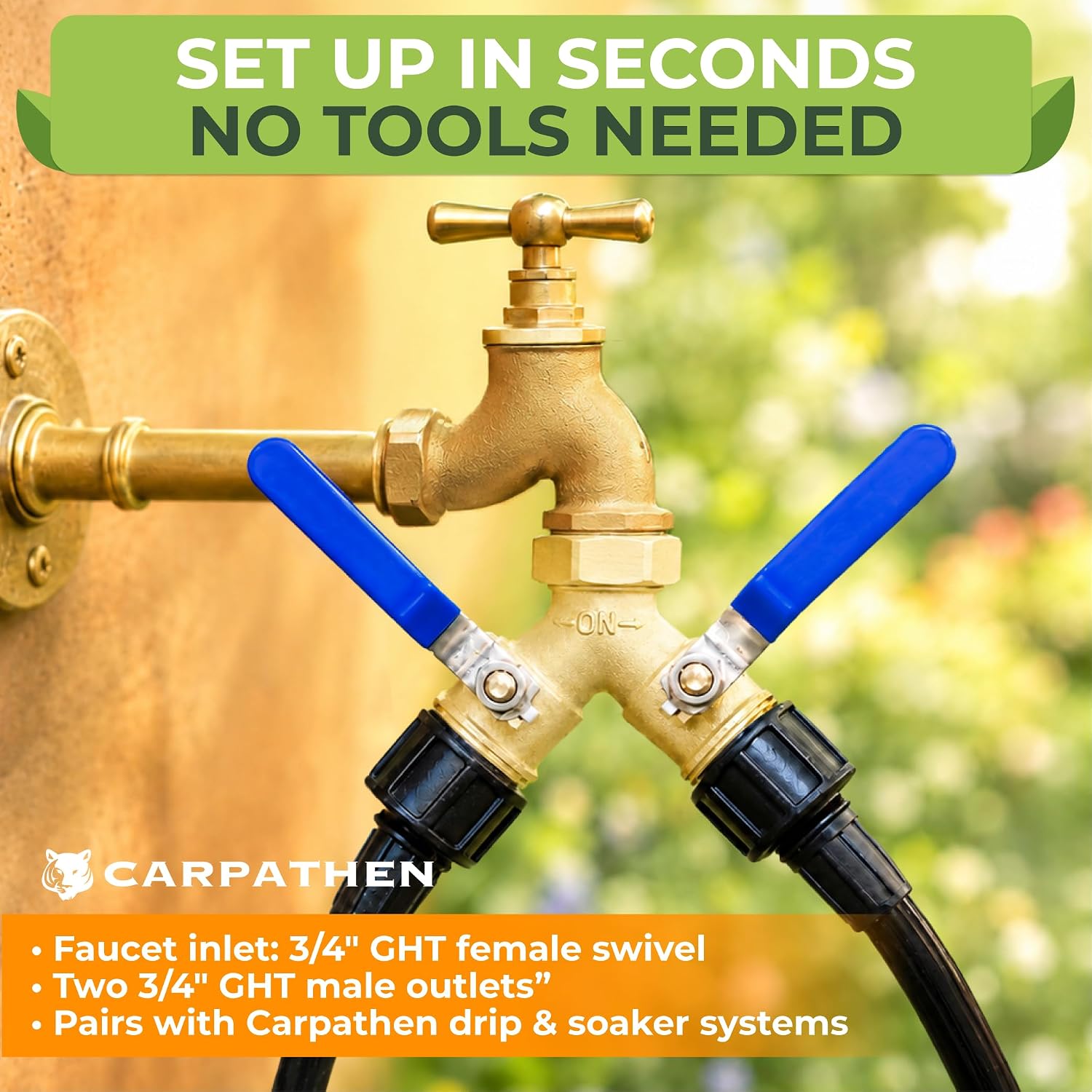 3/4" Standard 2 Way Garden Hose Splitter, Solid Brass Body | For Garden, Washing Machines, Indoor or Outdoor Faucets