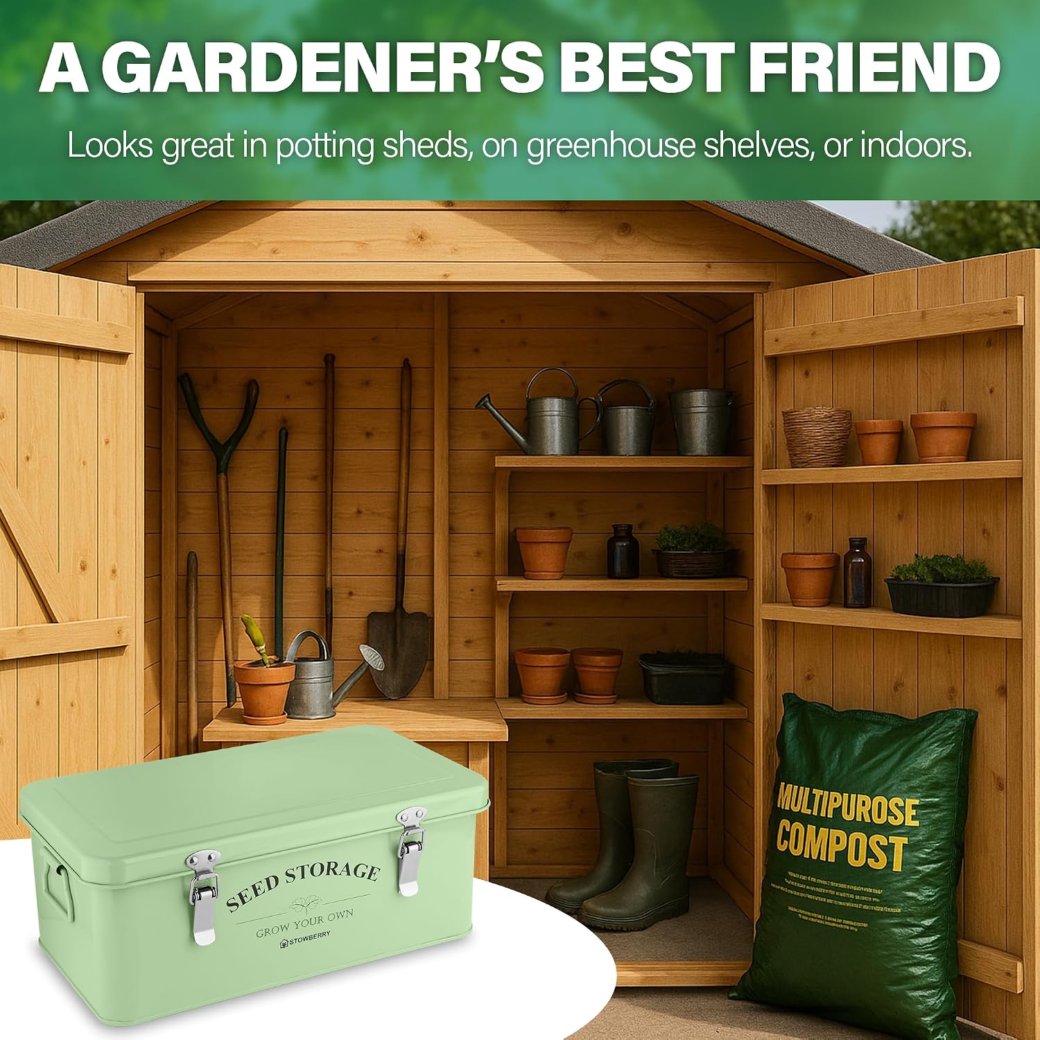 Seed Storage Box Organizer – Green Garden Seeds Tin with Lid, Side Handles, 4 Compartments & Safety Lock – Seed Packet