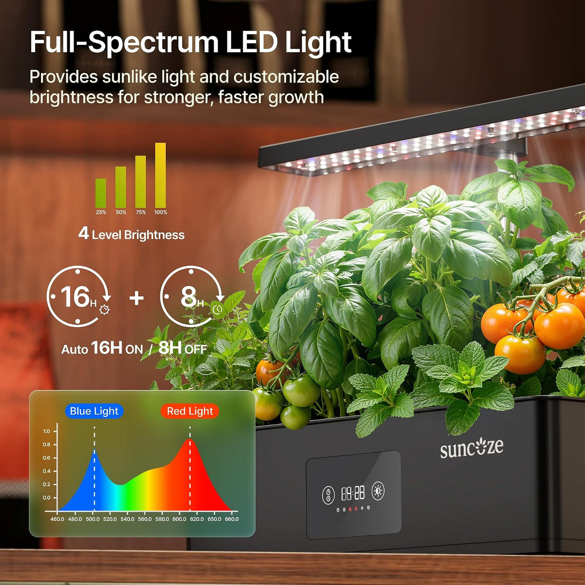 Hydroponics Growing System Kit with 24W Dimmable LED Light, Black | 12 Pods Indoor Herb Garden with Timer & Local Time